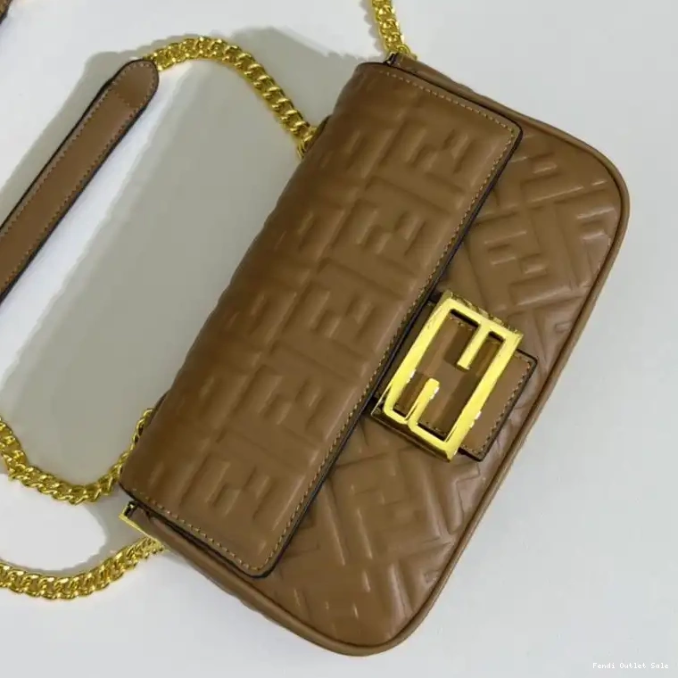 Affordable In Brown Leather Chain Midi Fendi Bag FF Nappa Motif Baguette 0524